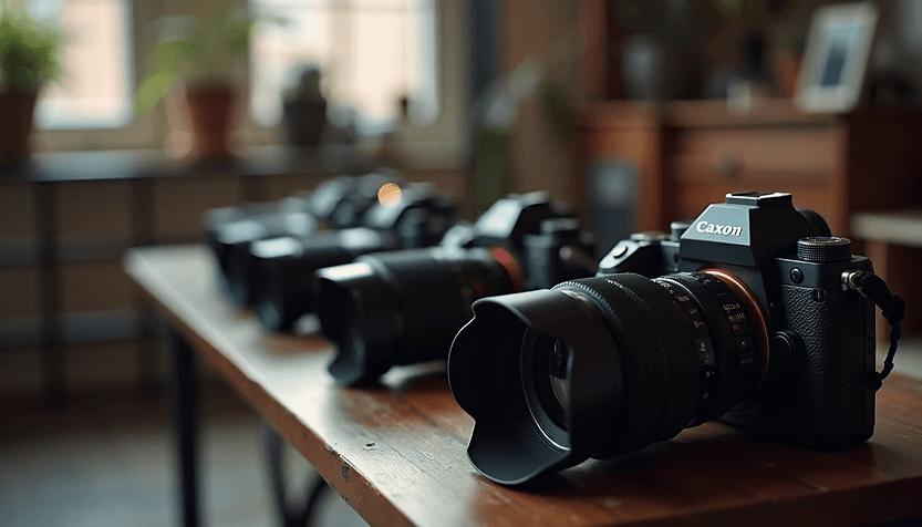A row of camera place above the table